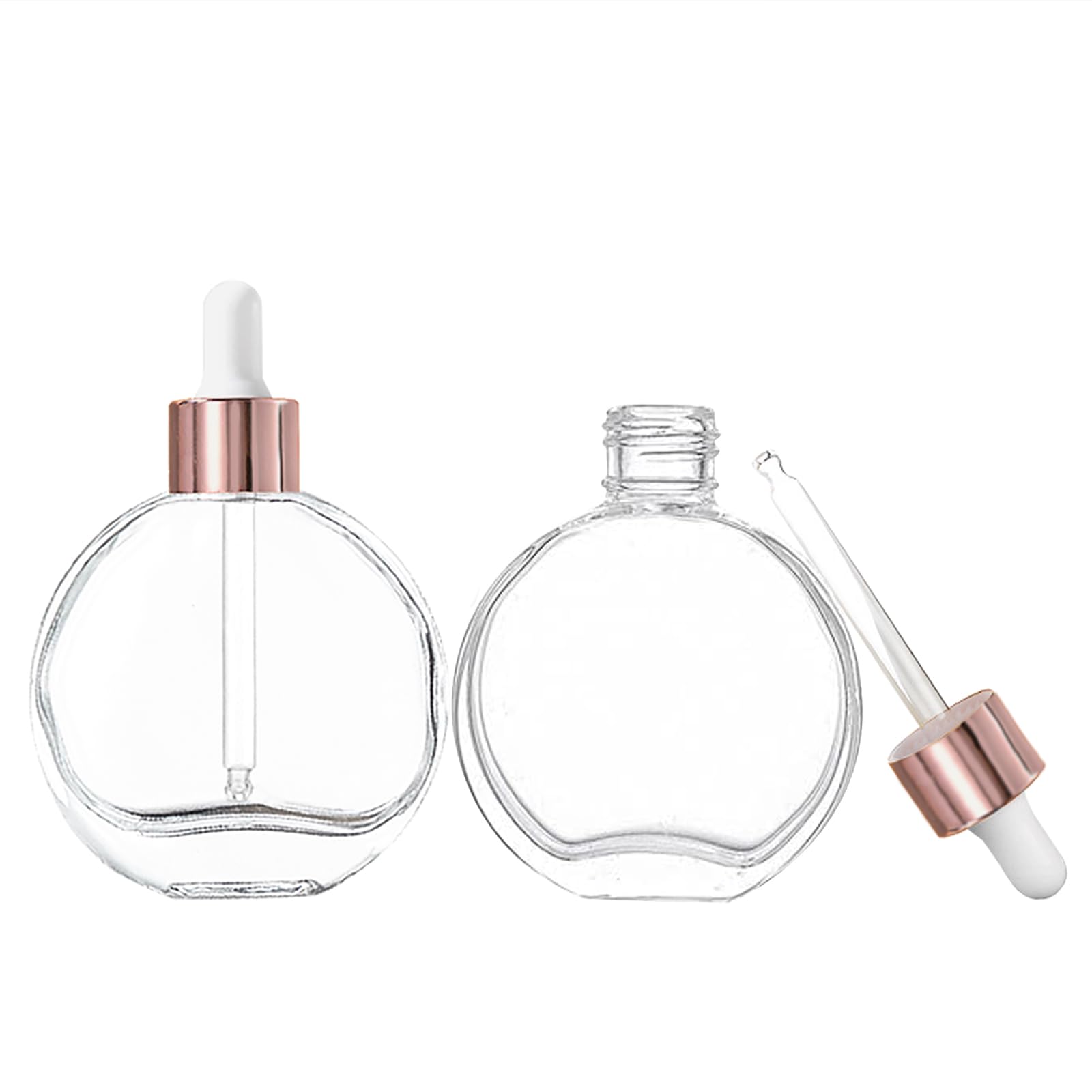 Botellas con cuentagotas transparentes de 2 onzas, 6 botellas de vidrio redondas transparentes con cuentagotas para ojos, para sueros de perfume, aceites para el cabello y otros líquidos (tapas