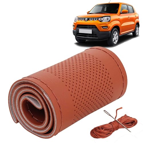 Image of KINGSWAY PU Leatherite Car Steering Cover Sewable Compatible with Maruti Suzuki S Presso (Year 2019 Onwards), Tan Color with Tan Thread, Pack of 1 with Sewing Needle and Thread