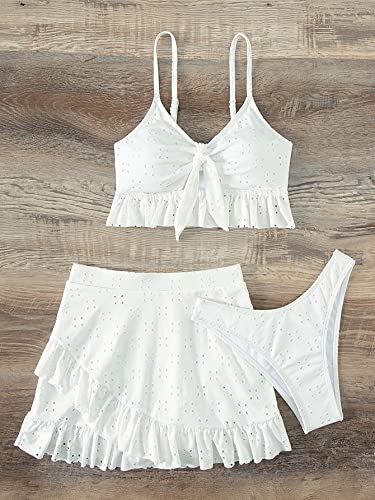 SweatyRocks Women's 3 Piece Bathing Suit Tie Front Ruffle Hem High Cut Bikini Tankini with Beach Skirt3