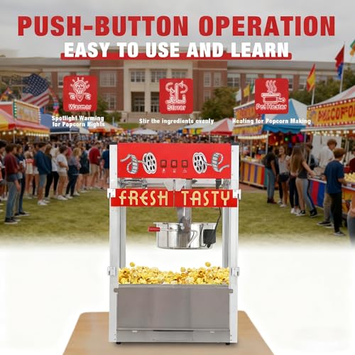 Image of Commercial Popcorn Machine - Countertop 38OZ Kettle Popcorn Machine for Theater Style, Stainless Steel, 3-Switch Control, for Business, School, Corporate,Institutional, Movie, Home use, Red