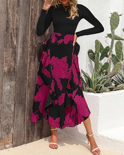 Image of BTFBM Womens Floral Maxi Dress Fall 2025 Casual Crewneck Long Sleeve Ruffle Flowy Cocktail Wedding Guest Dresses