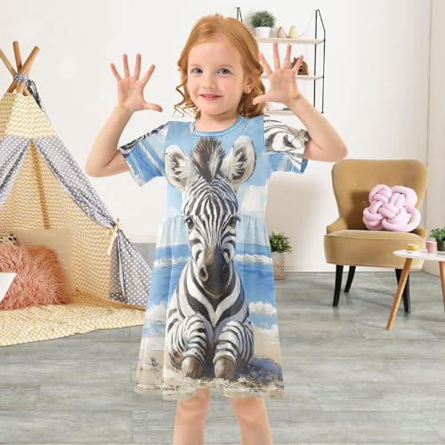 ALAZA Girls' Dresses Cute Zebra on The Beach Short Sleeve Dresses3