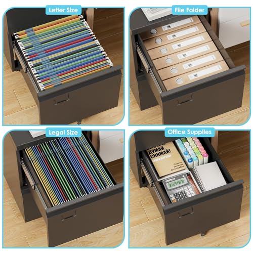 Aobabo 2 Drawer File Cabinet with Wheels, Lockable Metal Filing Cabinet with Business Card Slot for Legal/Letter Size Home Office, Required Assembled,Black - Image 6