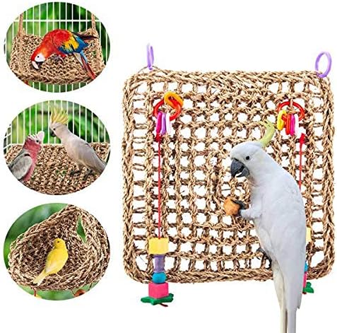 Bird-Foraging-Toy-Perch Net - Woven Seagrass Mat Hammock Bird Toy, Hanging Hook Wall Bird Toys for Cockatoo,Cockatiels-Conure-Budgie-Parakeet-Lovebird-Parrotlets, Jenday