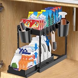 Bajo Fregadero Ikea LOVICVKEM dos pisos Organizador Bajo Fregadero,organizador bajo fregadero extraible,organizador baño,Deslizante Organizador Cocina,Cesta colgante con 4 ganchos y 2 cajones.Apto para cocina y baño.