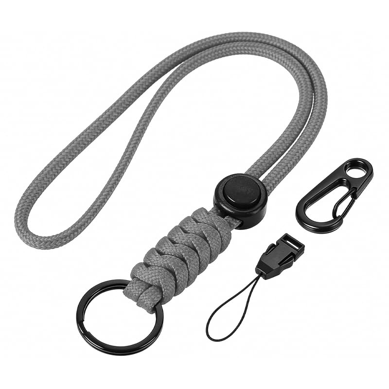 1Pcs Paracord Lanyard, 20 Inch Heavy Duty Neck Keychain Cord with Metal Clasp Hook for Keys, ID Badges, and Whistles（Grey）