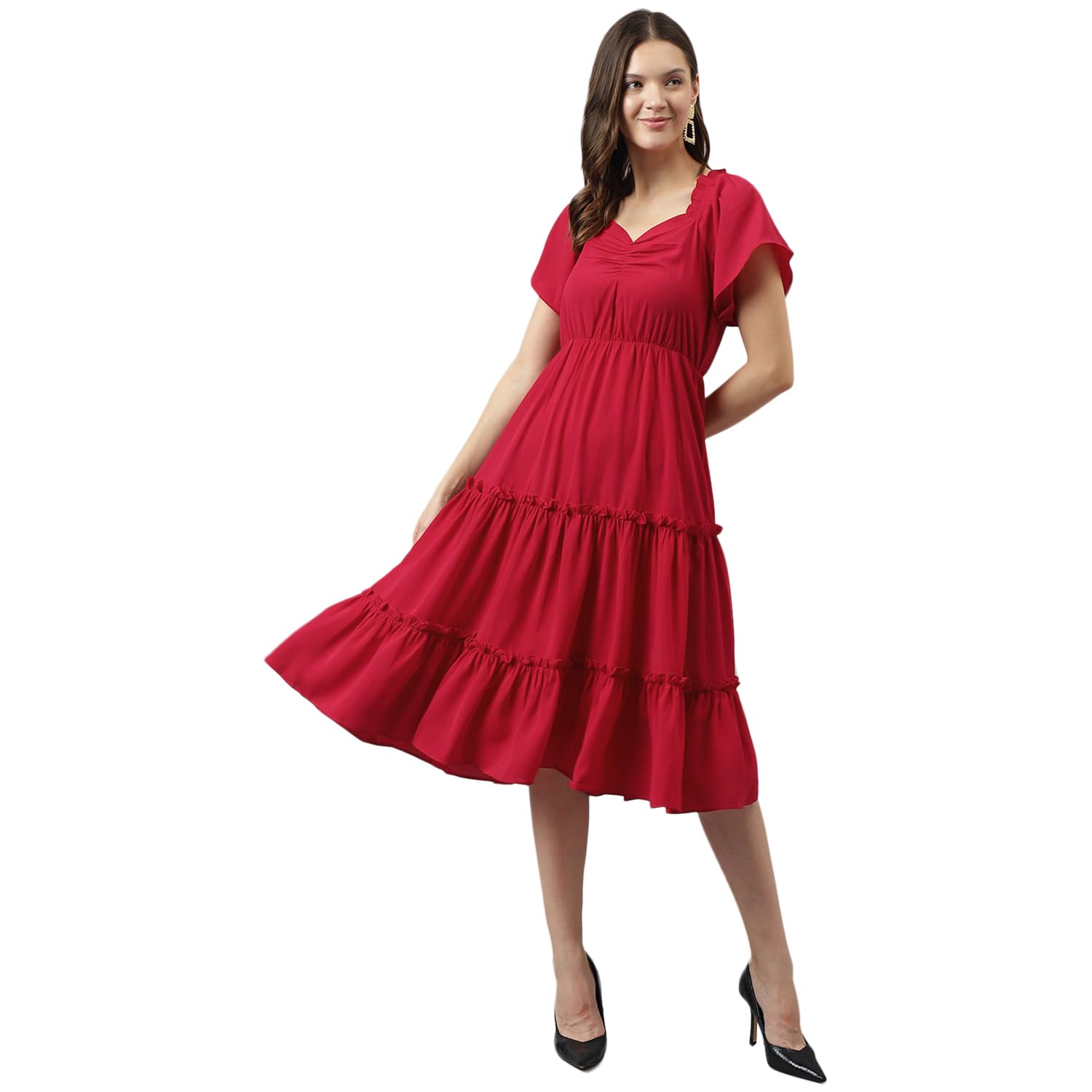 Toochki Women's Red Rayon Solid Tiered Western Dress | Dress For Women | A Line | Anarkali Dress | Gown Dress | Western Dress | Exclusive Women Dress | Bollywood Dress | Fashion (Small, Red)