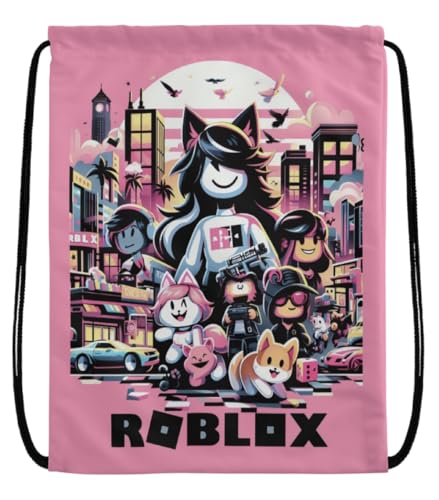 EZB Ro-blox - Bolsa con cordón | Mochila de tamaño mediano de 36 x 30 cm | Multiuso: kits deportivos, kits de polietileno, gimnasio, almuerzo, vacaciones, playa | Divertido diseño único Ro-blox Pink