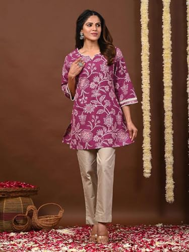 Image of Rimeline Women's Floral Printed Cotton Kurti Top | Round Notch Neck 3 /4 Sleeve Straight Fit Casual Tunic