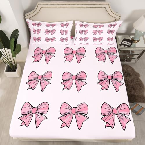 Erosebridal Kids Bow Fitted Sheet Queen Size for Kids Teens Adults,Pink Kawaii Bowknot Bed Sheets,Dreamy Princess Bedding Set,Fantasy Bed Set with 2 Pillowcases Deep Pockets,no Flat Sheet