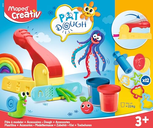 Maped Creativ - Pâte à Modeler Pat'Dough pour Enfants Non Toxique et Douce - 4 Pots de Pâte à Modeler et 12 accessoires - 4 Pots de 56g Blanc, Bleu, Rouge,...