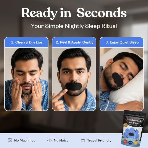 Image of AWESOME Mouth Tape for Sleeping - 60 Nights, Stops Snoring & Mouth Breathing - CDSCO Approved, Hypoallergenic Medical-Grade Sleep Mouth Tape for Nasal Breathing Support