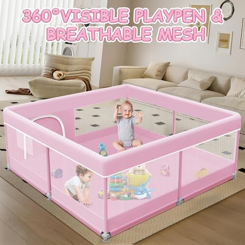 Image of XVISHX Baby Playpen 50 x 50 Inch Play Pen Playards, Playpen for Babies and Toddlers, Baby Playard for Indoor & Outdoor Active Center Game Fence, with Skin-Friendly Fabric and Soft Breathable Mesh Pink