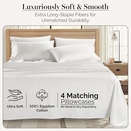 Casa Platino 100% Egyptian Cotton Sheets California King Size Set - 6 Pcs (1 Flat, 1 Fitted, 4 Pillowcases)- Smooth Sateen Weave Bed Sheets, 15" Deep Pocket - Pure White Sheet Set