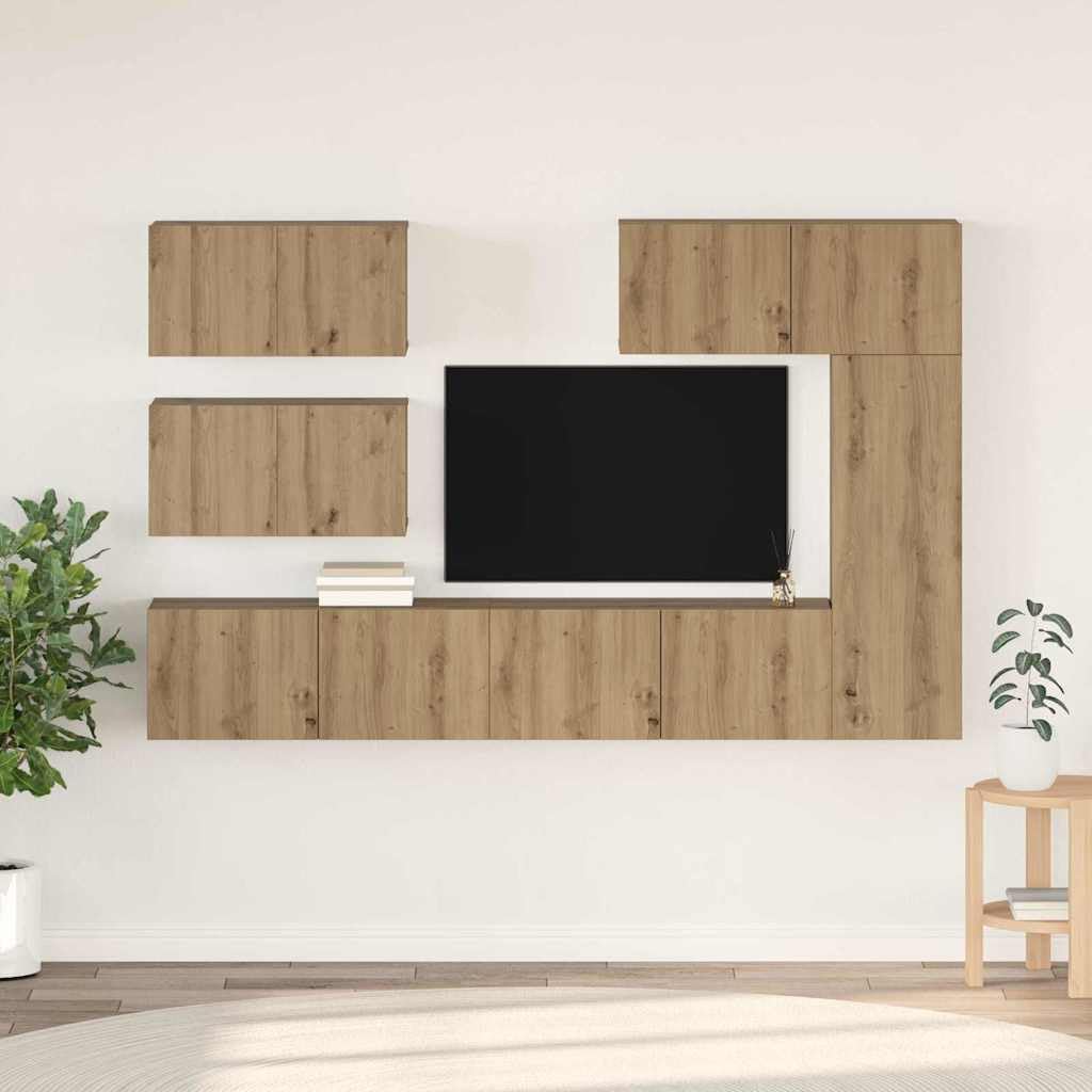6-Piece Wall Mounted TV Stand Set, Artisan Oak Engineered Wood | Features adjustable shelves and storage compartments, providing a space-saving media center for living rooms.