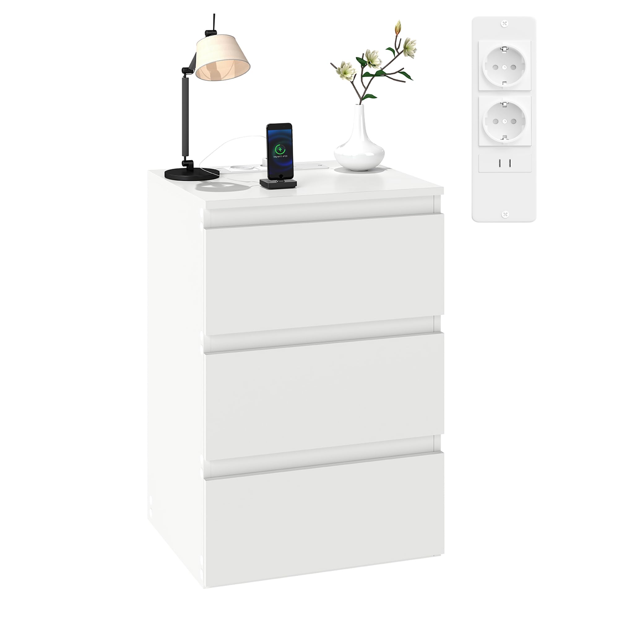 Mesita de Noche con 3 Cajones, Mesilla de Noche Blanca con 2 Enchufes AC y 2 Puertos USB, Mesa Auxiliar con Estación de Carga para Dormitorio y Salón, Moderna, 40 x 35 x 60 cm