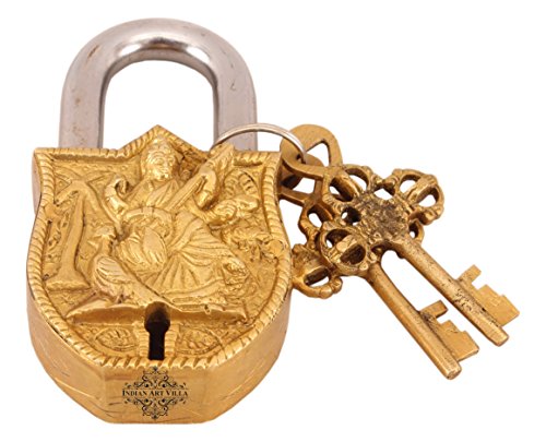 Image of Indian Art Villa Handmade Old Vintage Style Antique Godess Saraswati Ji Design Brass Security Lock with 2 Keys Om Design on Back|Home Temple Office