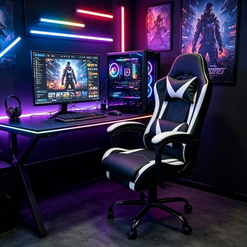 Image of Gaming Chair, Ergonomic Computer Chair with Footrest and Lumbar Support, Height Adjustable Video Game Chair with 360 Swivel Seat and Headrest for Office, Home, Streaming and Gaming (White)