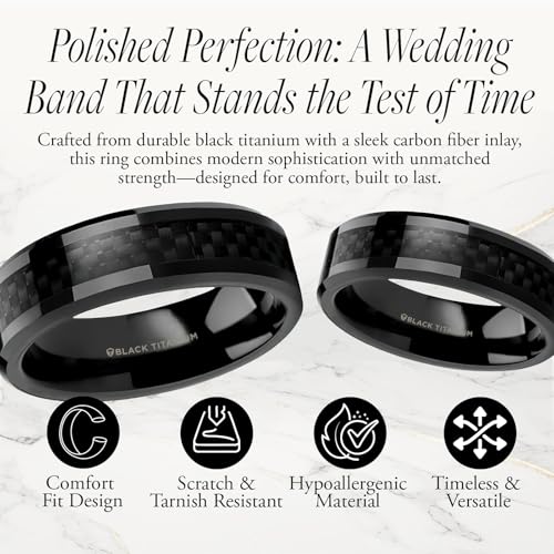 Thorsten Mens Black Titanium Carbon Fiber Ring | Inlaid, Beveled Comfort Fit | Carbon Fiber Titanium Band for Men | Durable, Sleek | OXYN | 6mm & 8mm Wide | Stylish, Available in Multiple Size3