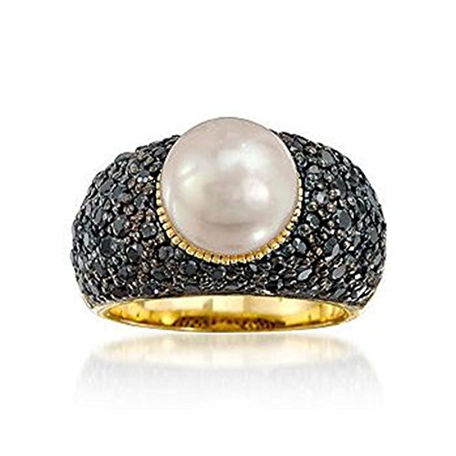 Bague plaquée or perle d'eau douce blanche et oxydes de zirconium noirs Rylos