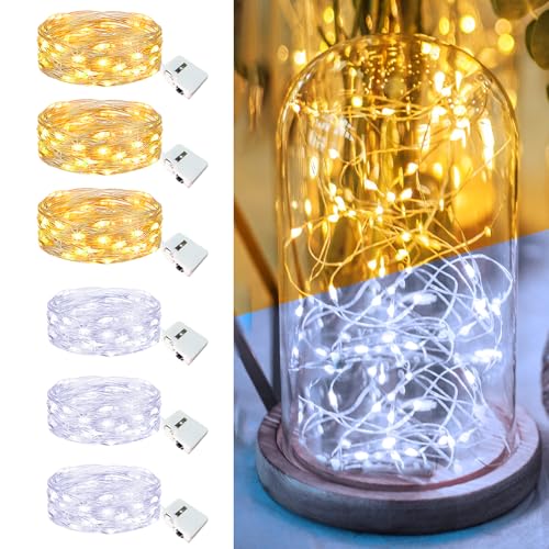 Image of 6 Pack Fairy Lights Battery Operated - 7ft 20 Led Twinkle Lights 3 Modes, Bulk Mini String Lights Waterproof for Mason Jars Vases DIY Party Wedding-Warm White & Cold White