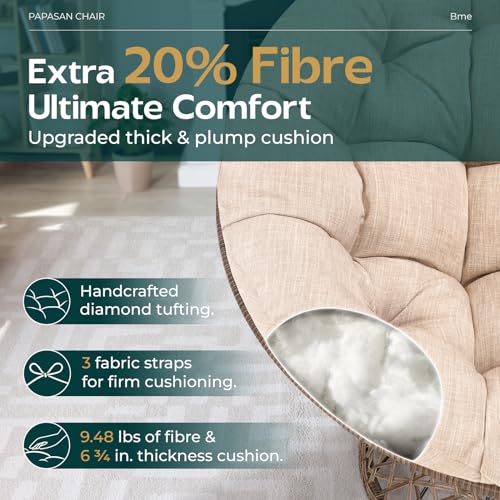 Image of Bme Ergonomic Wicker Papasan Chair with Soft Thick Density Fabric Cushion, High Capacity Steel Frame, 360 Degree Swivel for Living, Bedroom, Reading Room, Lounge, Sepia Sand - Brown Base