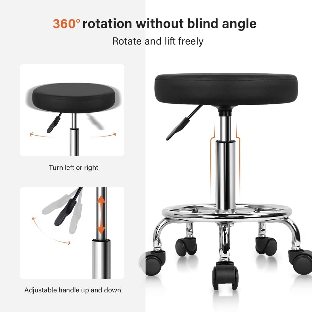 KKTONER PU Leather Round Rolling Stool with Foot Rest Swivel Height Adjustment Spa Drafting Salon Tattoo Work Office Massage Stools Task Chair Cushion 14 inches (Black)