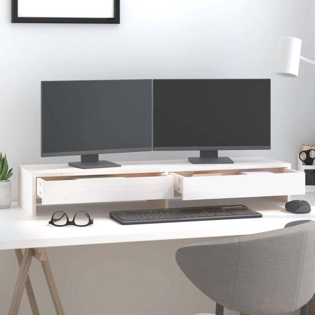 Supporto per monitor in legno di pino, supporto da scrivania con 2 cassetti, bianco, 100 x 27 x 15 cm, rialzo per monitor per ufficio e home office