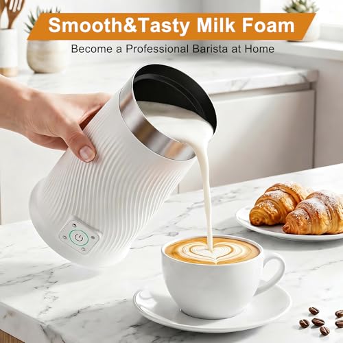Image of Wowteam Milk Frother, 4-in-1 Electric Milk Steamer, Warm and Cold Milk Warmer and Foam Maker for Coffee, Latte, Cappuccinos, Macchiato, 8.2oz /240ml, Stainless Steel, White