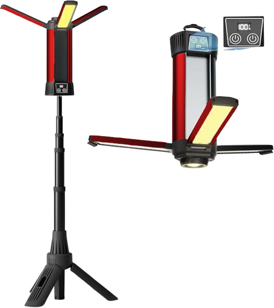 COMFET Rechargeable LED Camping and Work Light with Tripod Stand(1.20m height), 500/1k/2k Lumen, 360° Rotate Foldable,3 COB and 6000mAh Battery with Display for Camping, Car Repairing, Workshop.