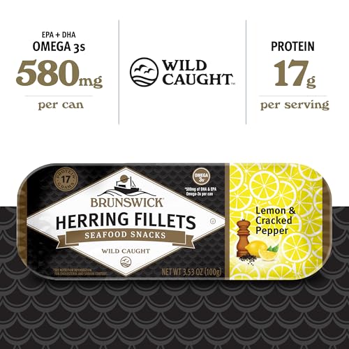 Image of Brunswick Herring Fillets in Lemon & Cracked Pepper, 3.53 oz Can - 15g Protein per Serving - Gluten Free, Keto Friendly - Great for Pasta & Seafood Recipes