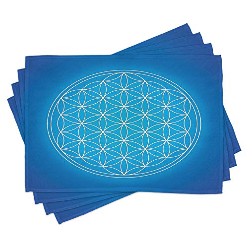 Ambesonne Geometry Place Mats Set of 4, Flower of Life Grid Pattern Consisting of Types Overlapping Circles Theme, Washable Fabric Placemats for Dining Table, Standard Size, White Blue