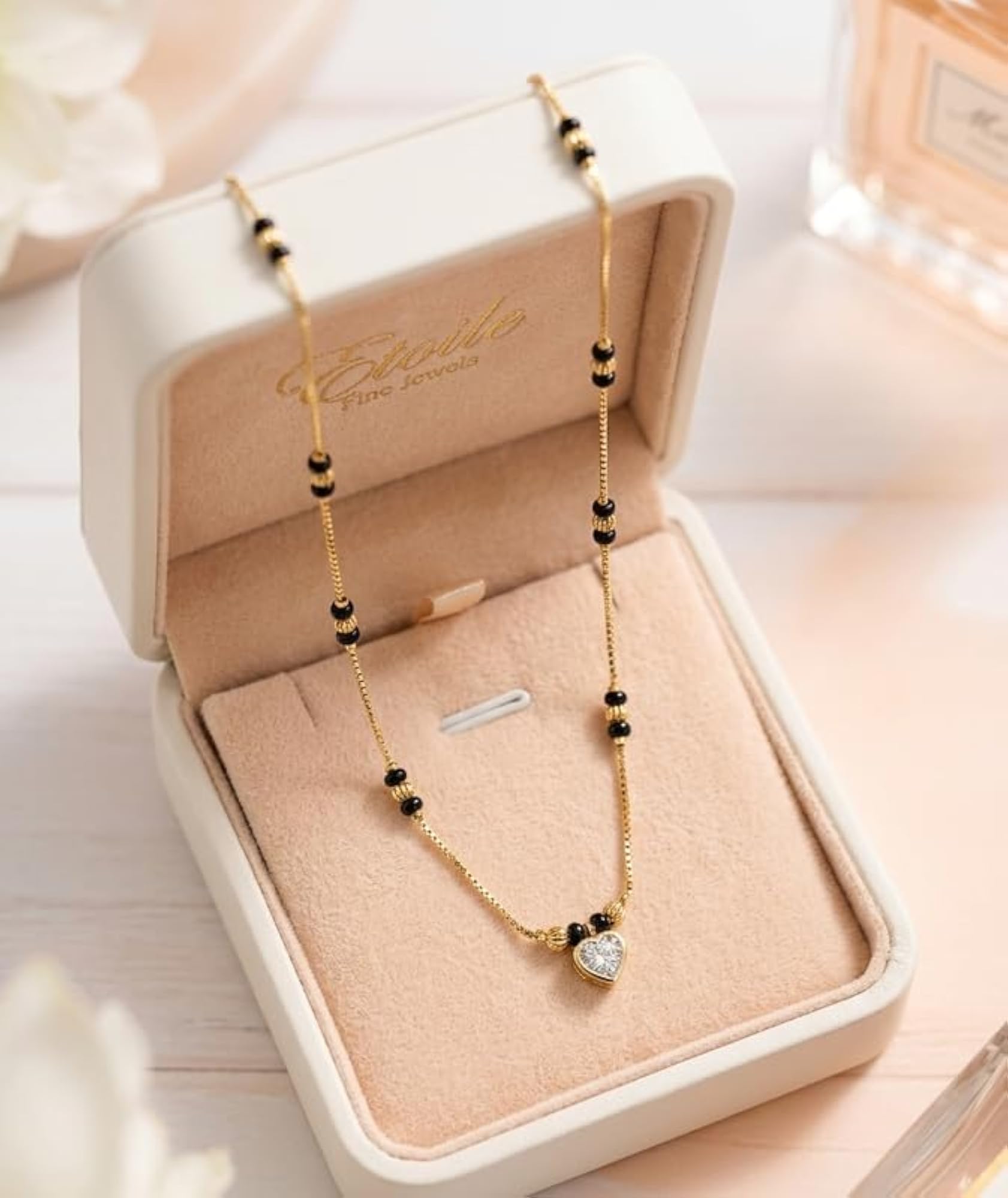 Women's Elegant Gold Plated Heart Pendant Black Bead Mangalsutra