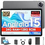 Android 15 Tablet, 10 Inch Tablets Android, Octa-Core, 24GB(8+16) RAM+128GB ROM+1TB Expand, 1280x800 IPS Display, HD Touchscreen, Widevine L1, GPS, 2.4G/5G WiFi, 5MP+8MP Camera, 6000mAh, BT 5.4, Gray
