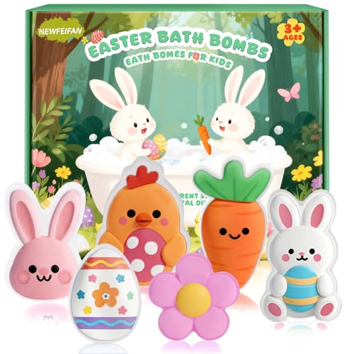 Easter Bath Bombs for Kids, 6 Piece Bath Bomb Toys for Children, Bunny, Chicken & Egg Shapes, Gentle Handmade Safe Fizz Balls, Perfect Easter Basket Stuffers & Party Favors for Boys & Girls