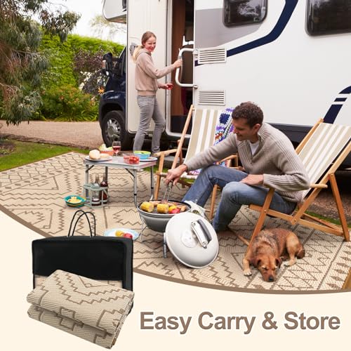 Image of Wonnitar Outdoor Rugs 8x10 Waterproof Plastic Straw Rug, Large Outdoor Camping Rug for RV, Reversible Portable Outside Lightweight Area Rug for Backyard Balcony Beach Picnic (Beige & Brown,8'x10')