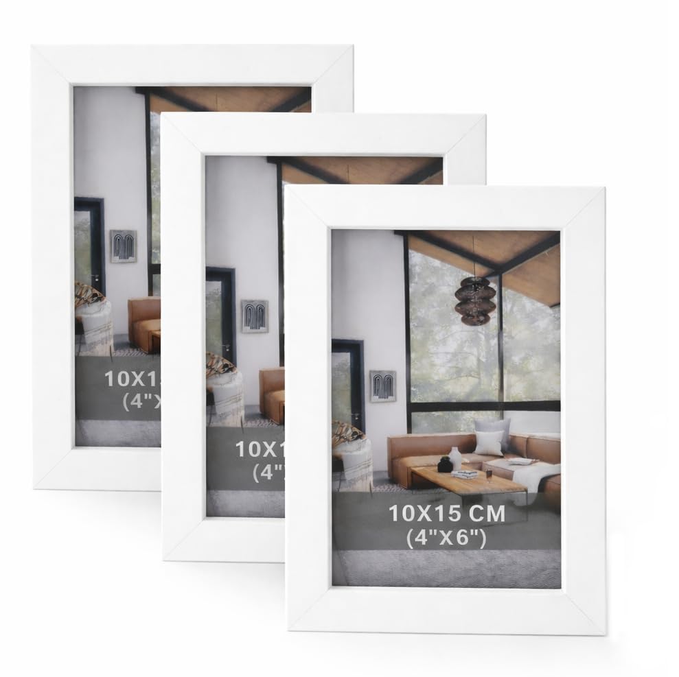 BH | 6X4 Picture Frames White | Set of 3 | 10 x 15 cm | Tabletop and Wall Mounting | Photo Frame with Glass Cover | Vertical & Horizontal Display for Living Room, Bedroom and Office - by Best House