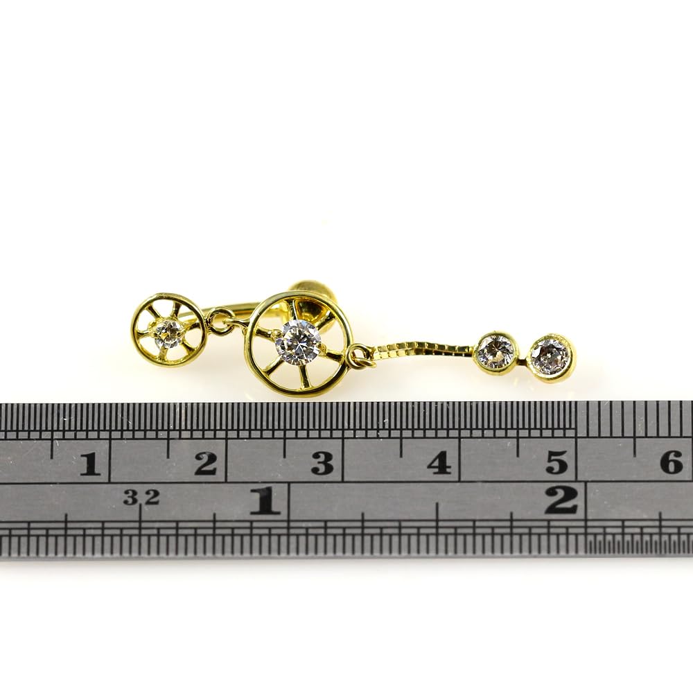 Piercing para ombligo de oro amarillo macizo de 14 quilates con doble rueda y cadena colgante, joyería para ombligo de 14 quilates, calibre 14, 14 Gauge - 12mm Length, Circonia cúbica,