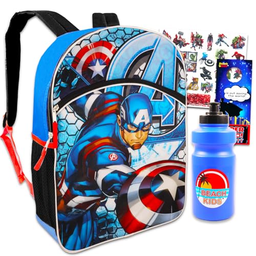 Conjunto de mochila Capitão América para meninos – 40,6 cm Pacote com garrafa de água, tatuagens e mais | Bolsa escolar do Capitão América da Marvel para crianças material escolar