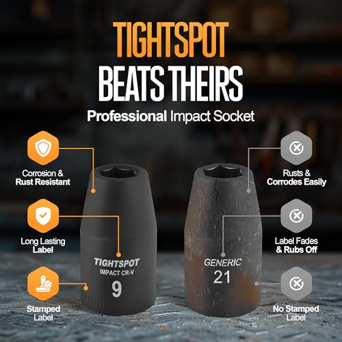Image of TIGHTSPOT 1 /2 Inch Drive 9mm Shallow Impact Socket with Anti-Rounding 6 Point Design, Heat-Treated CRV Steel