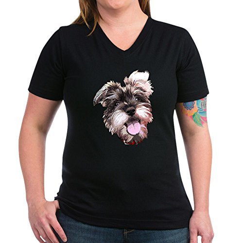 CafePress Mini_Schnauzer_Face002 T Shirt Womens Cotton V-Neck T-Shirt Black