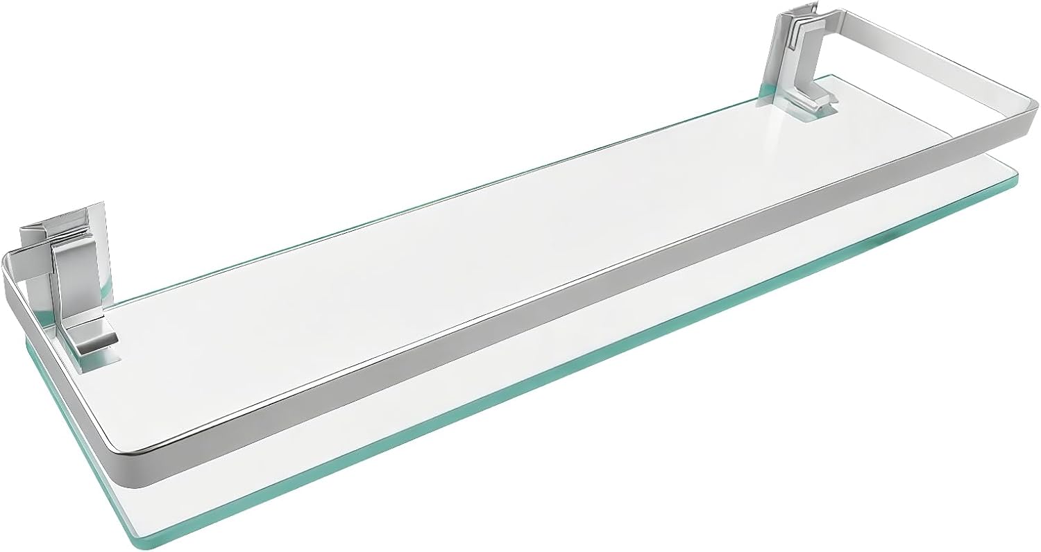 Bathroom Shelf Glass Shelves 23-Inch Floating Tempered Glass Shelf Rectangular Aluminum Wall Mounted Silver Polished Shelves for Kitchen Organizers