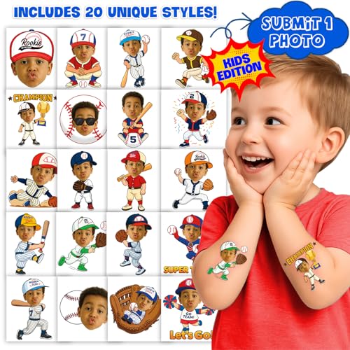 Image of Custom Baseball Temporary Tattoos for Kids | Personalized Pre-Cut Face Photo, Birthday Party Favors, Set of 20, Baseball Fans