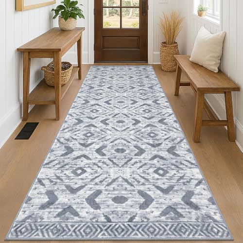 KILOCOCO Hallway Runner Rug 3'x8' Washable Printed Moroccan Runner Rugs Non Slip Entryway Rugs Soft Indoor Long Floor Rug for Bedroom Kitchen Living Room Geometric Boho Carpet Runners, Grey White