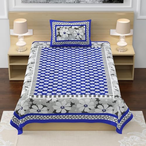 Image of RajasthaniKart Pure 100% Cotton Single Bed Sheet with 1 Pillow Cover (Bedsheet for Single Bed Cotton, Blue Floral)