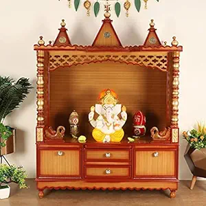 DZYN Furnitures Abhikya Kostha Teak Wood Temple for Home Big Size with Stand/Wooden Pooja Mandir for Home/Handcrafted Floor Rested Wooden Mandir for Home Big Size Without Door Tak Gold