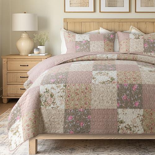 SLPR Secret Garden Patchwork-Bettwäsche-Set, Baumwolle, Queen-Size-Bett mit 2 Kissenbezügen, Landhaus-Bettwäsche, Shabby Chic, Blumenmuster, rosa Blumenmuster, Gesteppte Tagesdecke für alle