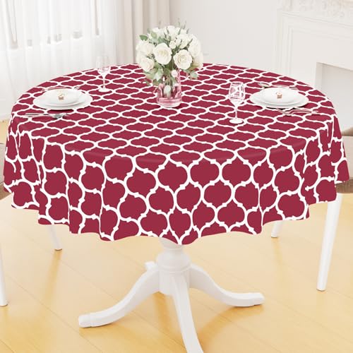 Image of Smiry Round Table Cloth, Flannel Backed Vinyl Tablecloth, 60 inch Round | Waterproof Plastic Tablecloths, Wipeable Table Cover for Dining, Indoor and Outdoor (Burgundy)