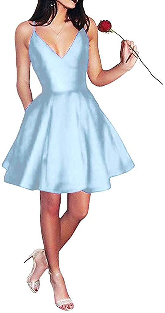 Homecoming Dresses Spaghetti Straps for Juniors V Neck Satin Wedding Evening Prom Party Gowns