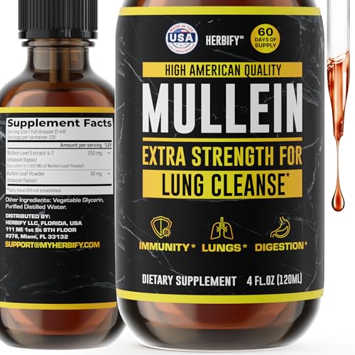HERBIFY Mullein Drops - Lung Cleanse - Leaf Extract - Powerful Mullein for Immune Support,Detox & Respiratory Support - Made in USA - Lung Cleanse for Smokers - 4 Oz